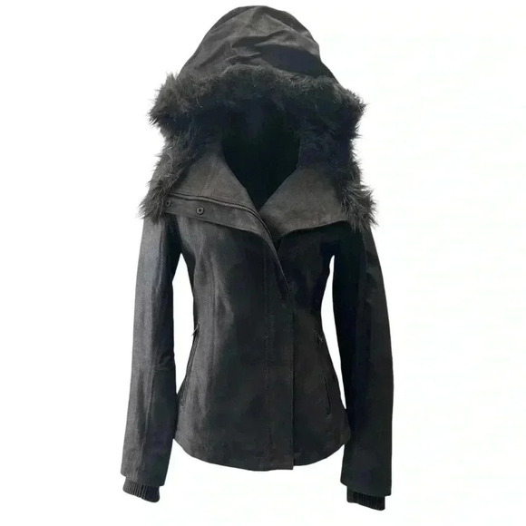 Danier  Suede Bomber Jacket Hooded Faux Fur Trim Chocolate Brown Size 2XS - Picture 1 of 14